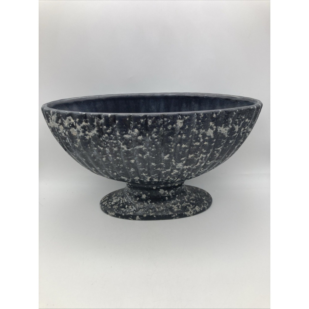 Vintage Haeger Pottery Pedestal Bowl/Planter Black Gray Oval Textured Ribbed